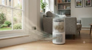 Illustration showing a HEPA air purifier effectively drawing in airborne dust particles and household odours.