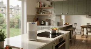 High-efficiency HEPA air purifier for odours running in a modern kitchen to clear strong cooking smells.