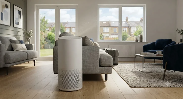 A sleek HEPA air purifier for large room settings placed in a modern British open-plan living space.