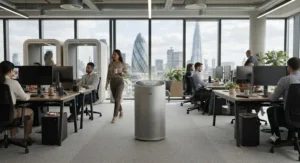 A commercial-grade HEPA air purifier for large room deployment in a shared London office space.