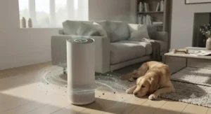 A powerful HEPA air purifier for large room spaces neutralizing pet dander and odours from a dog.