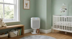 A high-efficiency HEPA air purifier placed in the corner of a baby's bedroom to improve air quality.