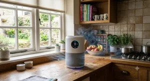 HEPA air purifier positioned in a modern British kitchen to remove cooking odours where no external extraction is fitted.