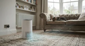 HEPA air purifier capturing pet dander and cat fur in a carpeted UK lounge.