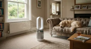 An efficient air purifier capturing pet hair and dander in a cosy carpeted lounge.