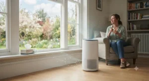 A HEPA air purifier sitting near a window to help reduce pollen and alleviate hay fever symptoms.