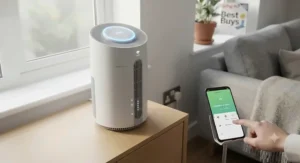 Modern HEPA air purifier featuring smartphone connectivity and air quality indicator lights