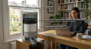 Close-up diagram of a HEPA and activated carbon filter inside an air purifier designed for VOC removal.