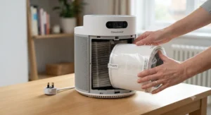 Close-up of a HEPA filter being replaced in a portable air purifier unit
