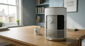 Close-up of a high-quality HEPA air purifier for a home office, designed to remove allergens and dust to improve indoor air quality.