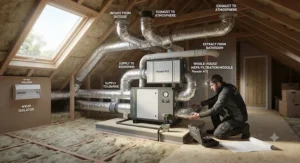 Whole house air purification setup connected to domestic ductwork in a British property