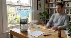 Illustration showing how an air purifier reduces airborne chemicals and VOCs in a typical home workspace.