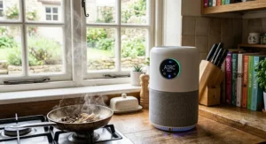 Air purifier operating in a busy kitchen to reduce lingering cooking smells and improve air quality in the absence of extraction.
