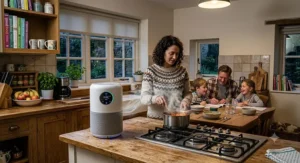 A family kitchen scene featuring an air purifier helping to keep the air fresh in a home without an extractor unit.