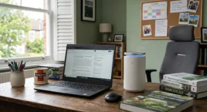 An energy-efficient desk air purifier set up in a university student's study area.