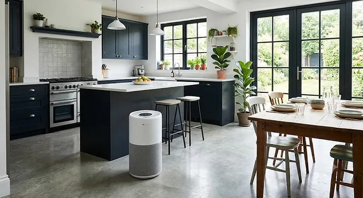 A sleek, modern air purifier placed in a bright, open-plan kitchen diner. air purifier for kitchen diner