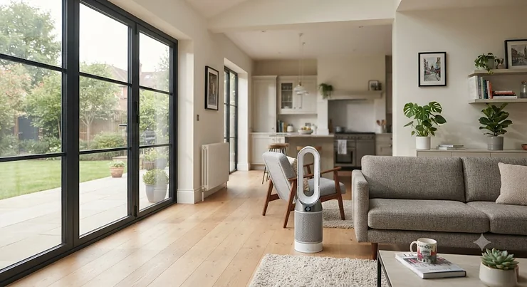 A sleek, modern air purifier placed in a spacious open-plan living room in a British home. air purifier for open plan living