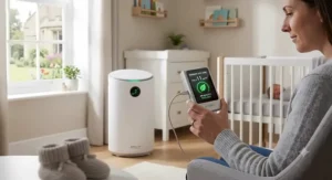 A parent checking an air quality monitor connected to an air purifier in a newborn's nursery.