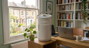 A portable air purifier being used in a home office to ensure clean air and manage VOC levels.