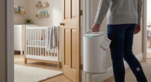 A portable air purifier being moved between rooms to ensure a safe environment for a newborn.