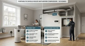Comparison chart showing portable vs whole house air purifier systems for UK homes