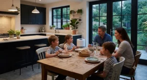 A quiet air purifier running in the background of a family dining room area.