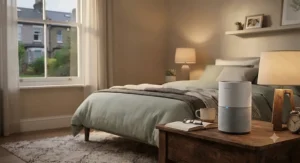 A quiet-running air purifier for odours placed on a bedside table in a bedroom for a fresher night's sleep.