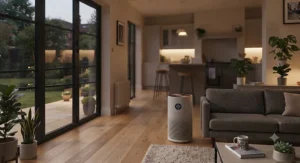 A quiet air purifier running in the background of an open-plan living zone during the evening.