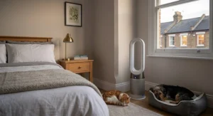 A quiet air purifier for pet odours operating in a bedroom to ensure a restful night for pet owners.
