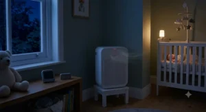 A quiet air purifier running in night mode inside a dimly lit nursery to help a baby sleep soundly.
