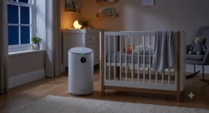 A night-time view of a whisper-quiet air purifier running safely in a baby's room during sleep.