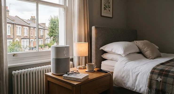 A sleek, quiet HEPA air purifier for bedroom use positioned on a bedside table in a modern British flat.