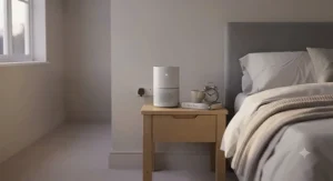Quiet HEPA air purifier operating on a bedside table in a contemporary UK bedroom
