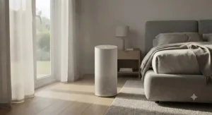 A quiet HEPA air purifier for large room use operating discreetly in a spacious master bedroom.
