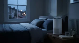 Quiet HEPA air purifier operating on a bedside table in a master bedroom overnight.