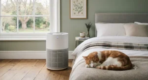 A quiet HEPA air purifier for bedroom use operating in a home with a sleeping cat nearby.