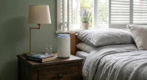 A quiet mini desk air purifier running on a bedroom nightstand, designed for improved air quality while sleeping.