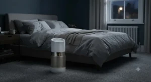 A quiet air purifier running on low night mode in a dark bedroom for undisturbed sleep.