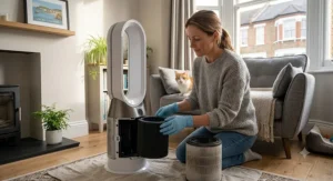 A homeowner replacing the carbon filter in an air purifier for pet odours to maintain optimal performance.