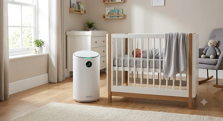 A sleek, quiet air purifier placed in a modern British nursery to keep air clean for a newborn.