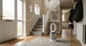 A digital smart air purifier positioned in a bright hallway of a typical UK three-bedroom semi-detached house.