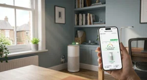 Smart air purifier in a home office environment, showing a mobile app interface used to monitor local air quality levels.