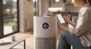 A smart air purifier being controlled via a smartphone in a modern, open-plan living room.