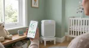 A smart air purifier for a nursery being controlled via a smartphone app for real-time air quality tracking.