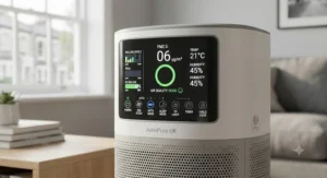 Digital control panel on a portable air purifier showing indoor air quality metrics