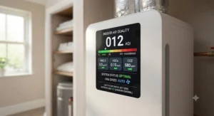 Digital control panel on a whole house air purifier showing indoor air quality metrics in a UK property