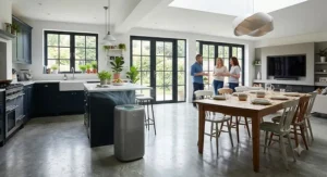 A stylish, high-performance air purifier suitable for large, open-plan kitchen dining spaces.