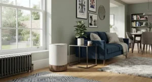 A stylish, minimalist air purifier for odours blending into a contemporary British home interior.