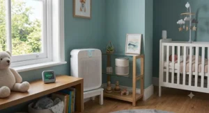 A modern and stylish air purifier blending seamlessly with neutral nursery interior decor.