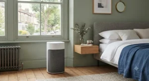 A stylish, quiet HEPA air purifier for bedroom interior matching contemporary British home decor.